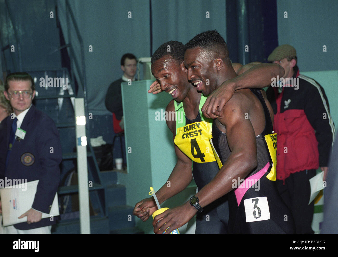 British sprinter Linford Christie and Michael Johnson at the Cosford Games in 1991 Stock Photo