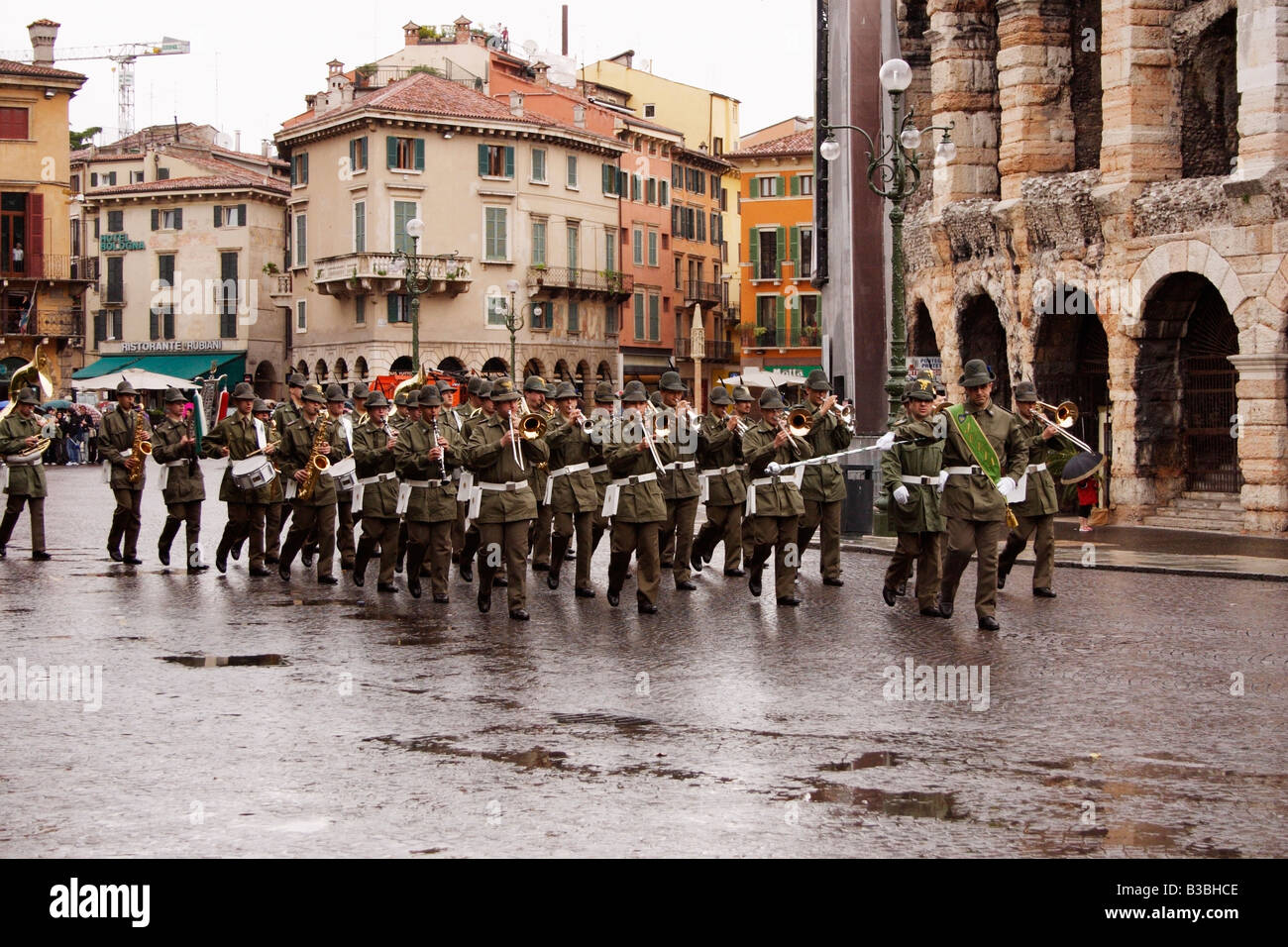 The Alpine Brigade, Julia, marching in front of the Arena, Verona, Italy. Stock Photo