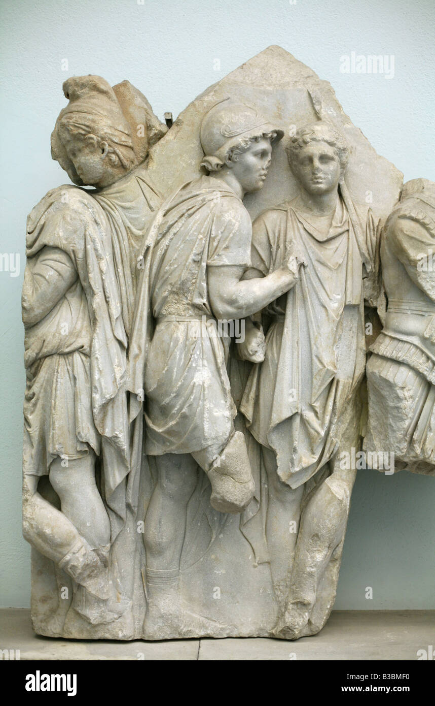 Detail of the Telephos Frieze shows as Telephos receives arms from Auge in the Pergamon Museum in Berlin, Germany Stock Photo