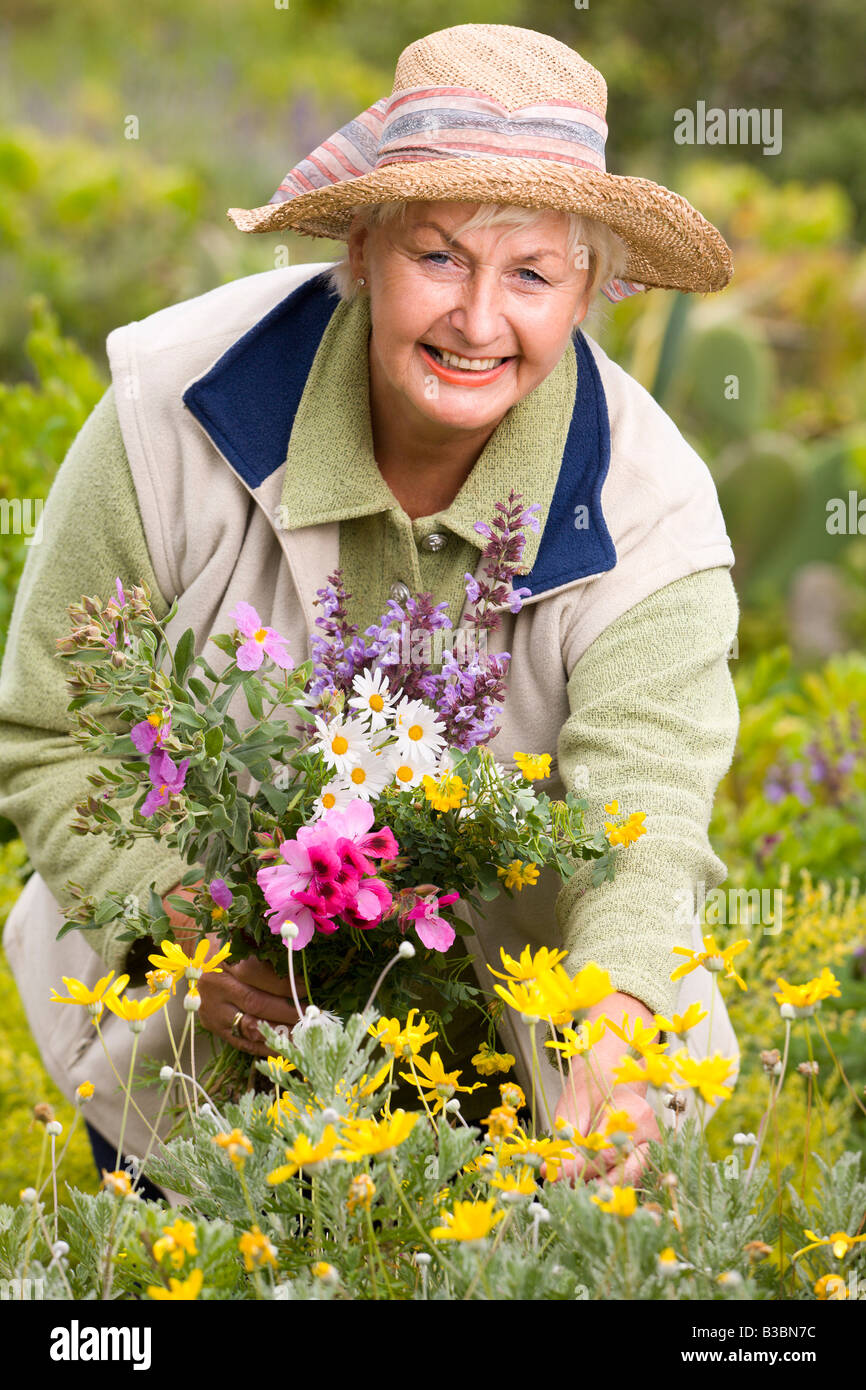Portrait of Woman in Meadow, Collecting Flowers Stock Photo