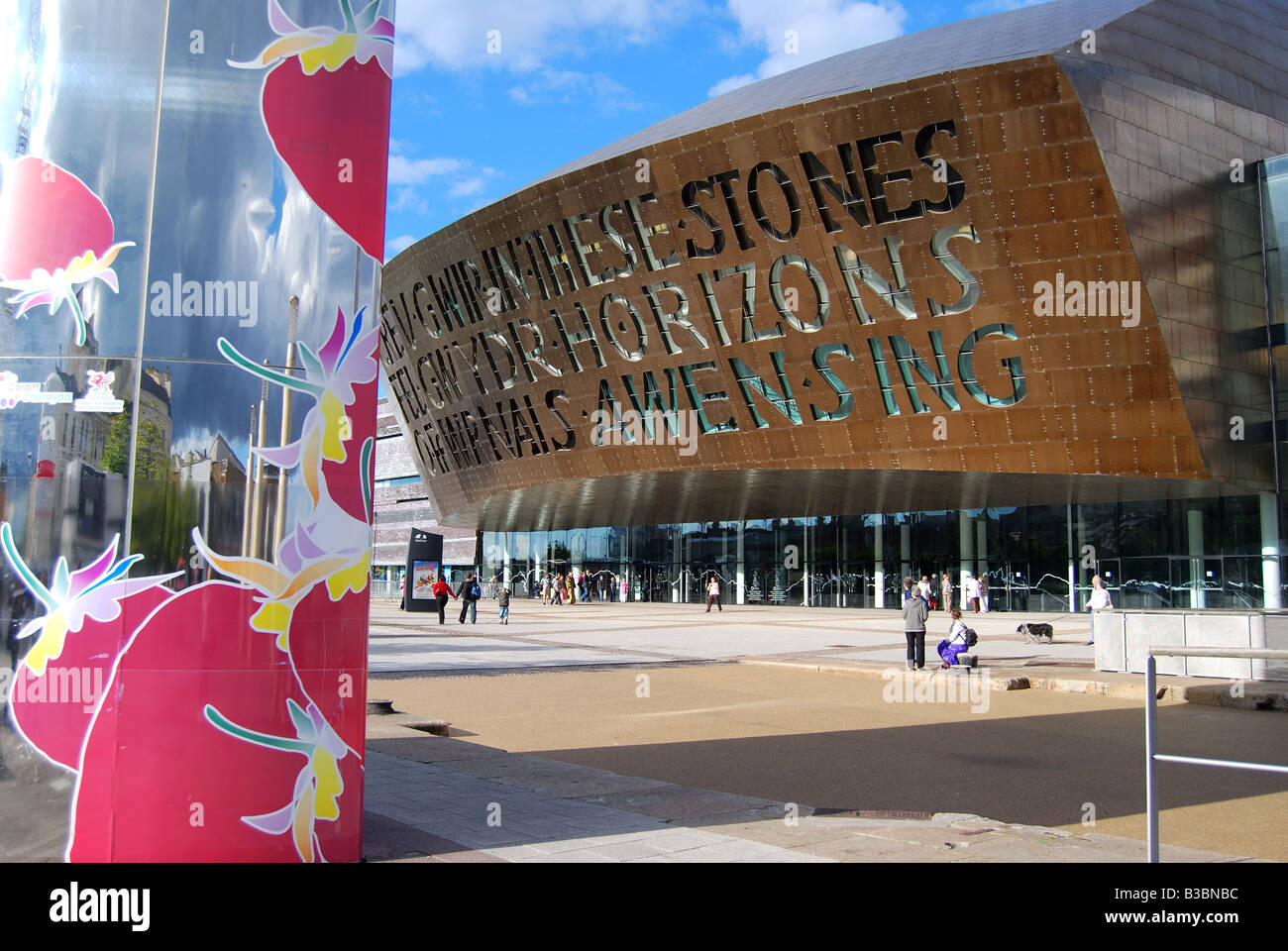 Wales Millennium Centre and Water Tower Sculpture, Cardiff Bay, Cardiff, South Glamorgan, Wales, United KIngdom Stock Photo