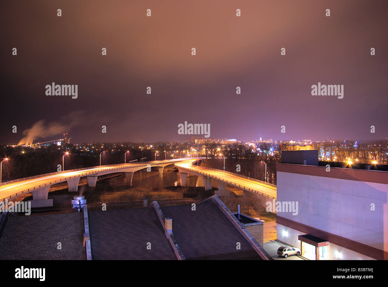 West Lafayette skyline at night from rooftop downtown Lafayette