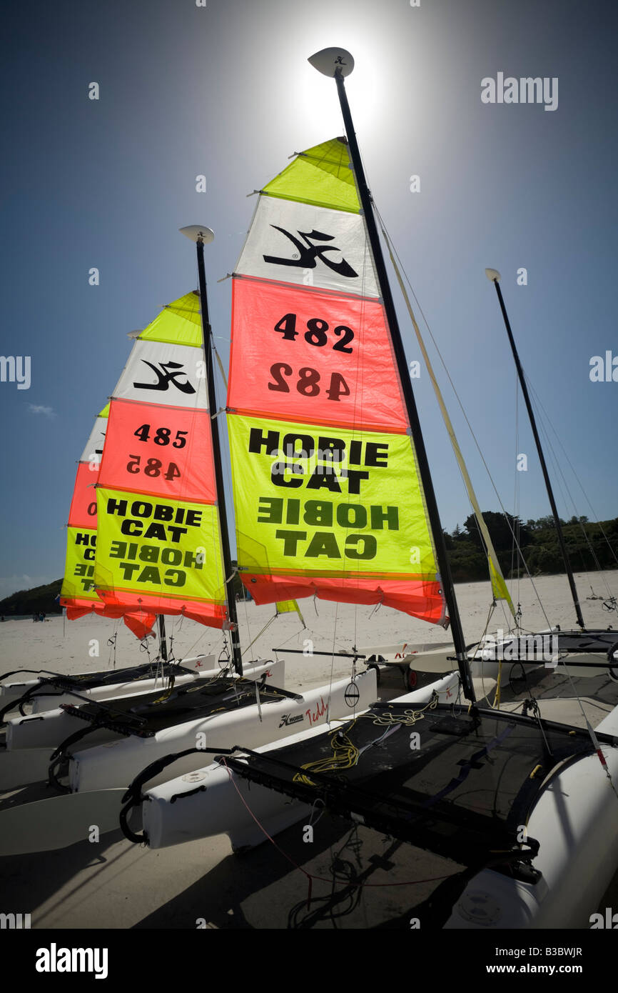 Type Hobie Cat catamarans at the Groix island (France). Voiliers catamarans de type Hobie Cat sur l'île de Groix. Stock Photo