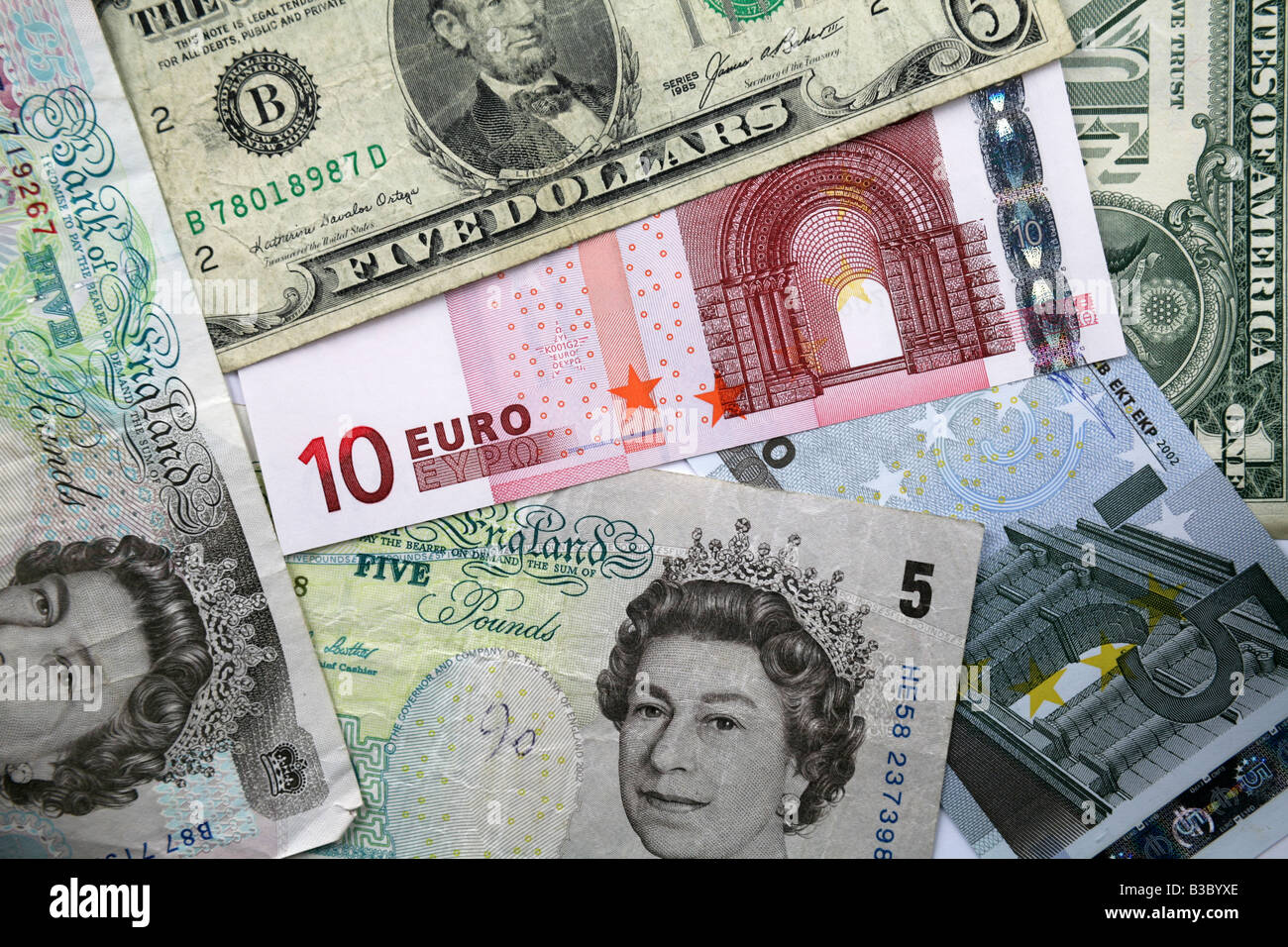 US UK and Euro notes representing world Power Stock Photo