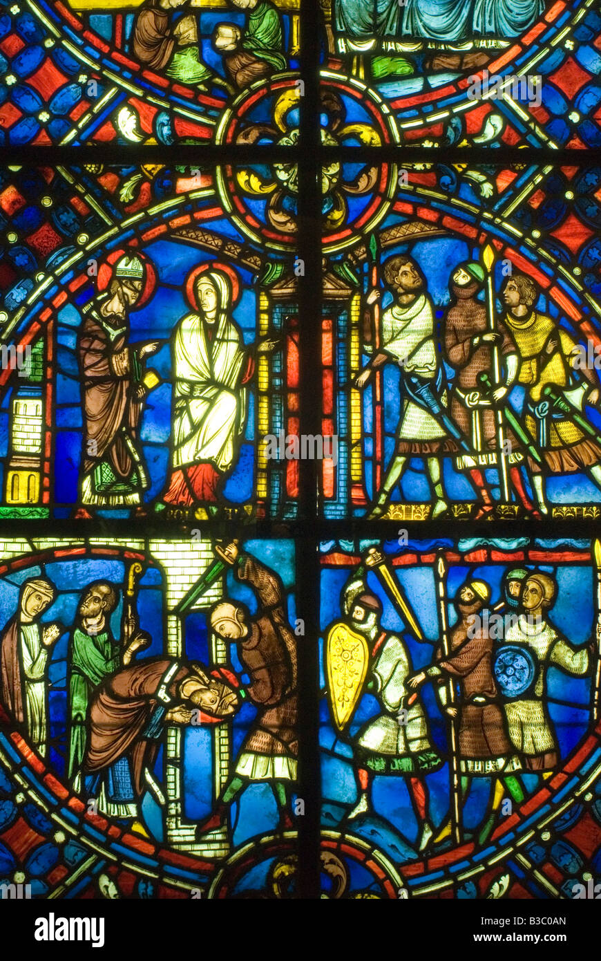 Paris, France, 'Gothic Art' Stained Glass Window on Display inside Louvre Museum 'Historic Scene of St Nicaise' Stock Photo