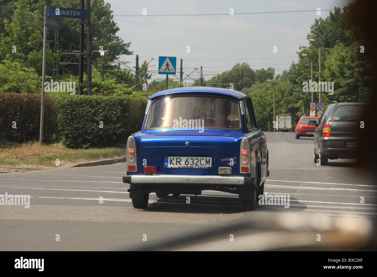 View of  Trabant car rear on the road in Krakow,  Poland - shot through car windscreen Stock Photo