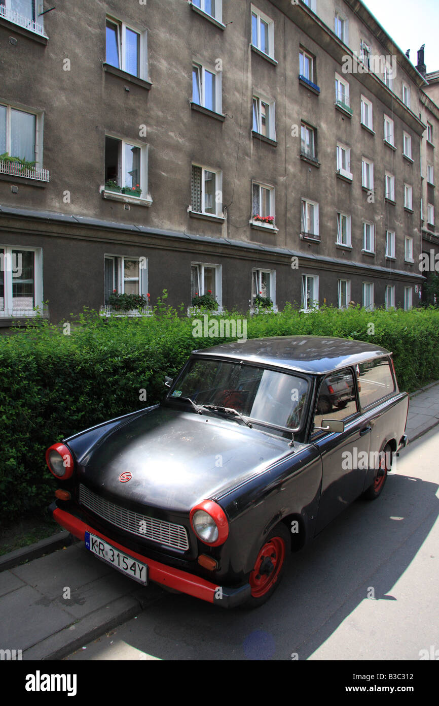 Trabant car parked outside flats in Nowa Huta, the one-time showcase Communist town near Krakow, Poland Stock Photo