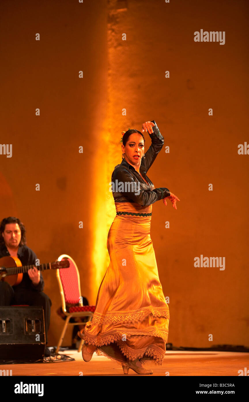 Morocco, Fes. Maya performs Flamenco on the stage of the Bab Makina accompanied by Jose Luis Rodriguez. Stock Photo