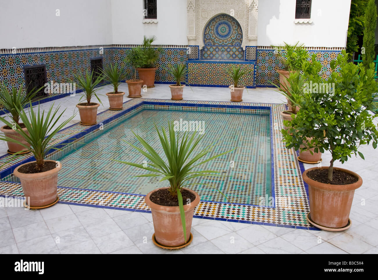 Mosaic tiled pool at the Great Paris Mosque, La Grande Mosquée de Paris France Stock Photo