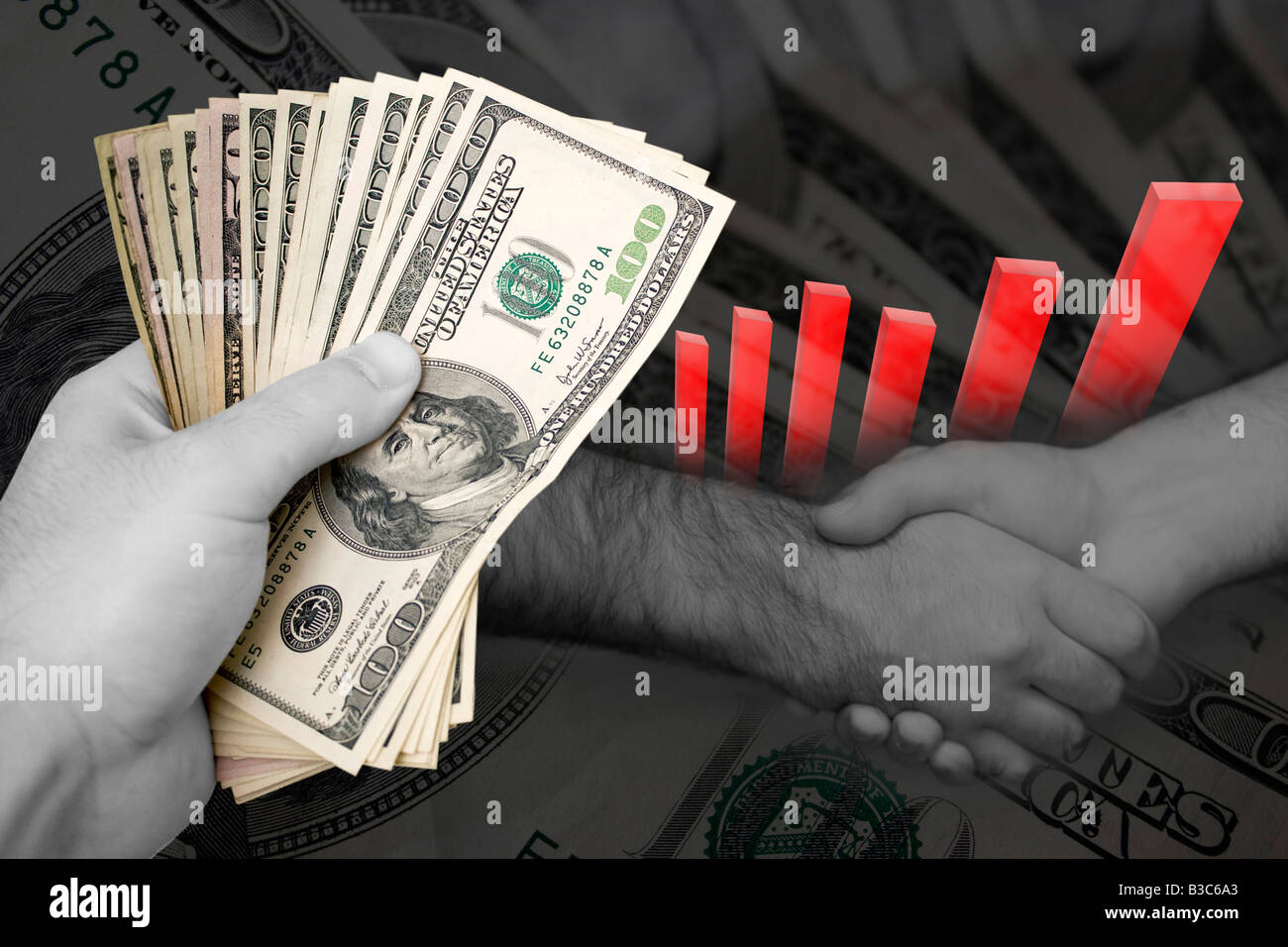 Handful of cash profit chart and a firm handshake A great image to denote profits or successful business dealings Stock Photo