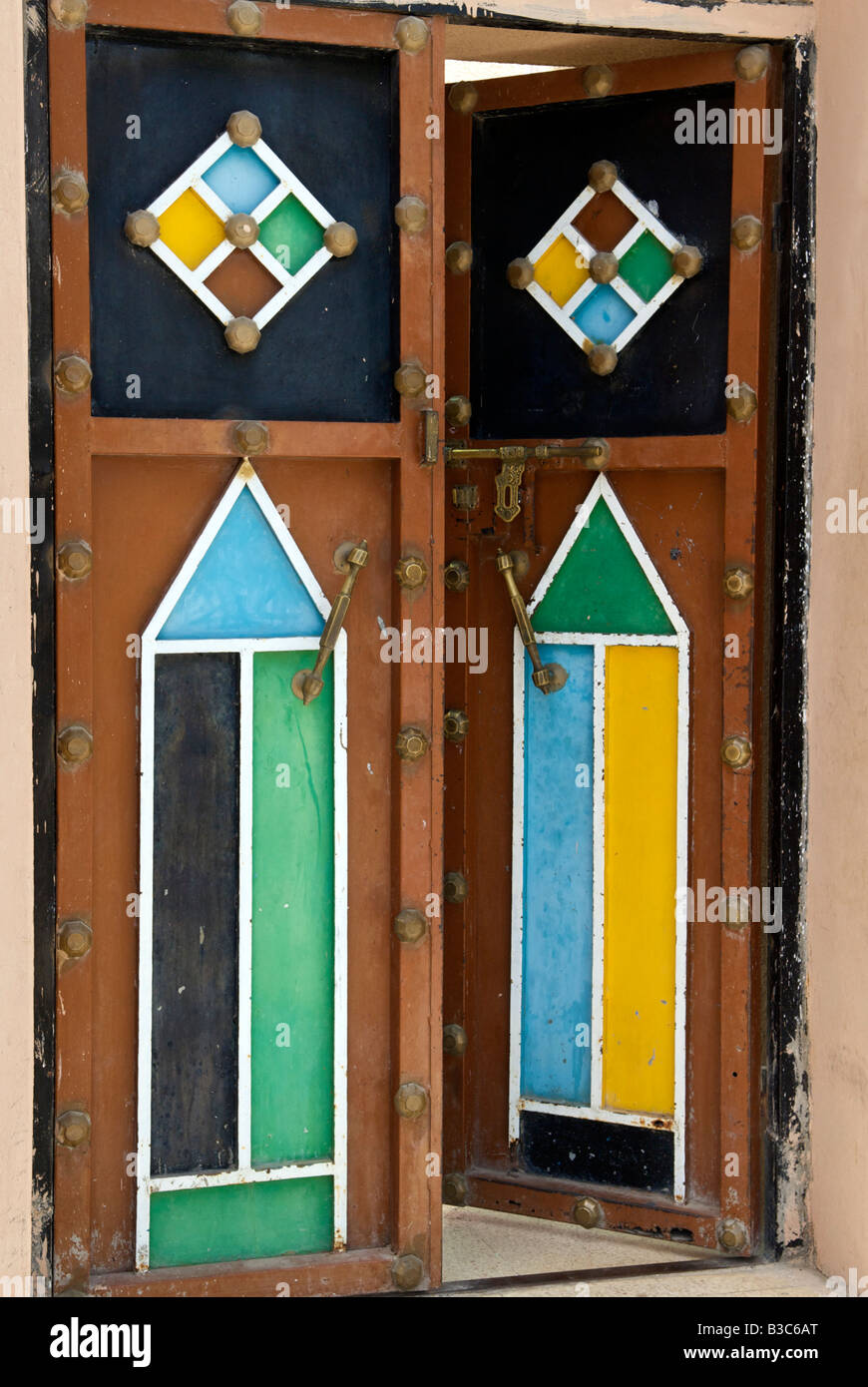 Coloured doorway Nakhal Al Batinah Region Sultanate of Oman Stock Photo