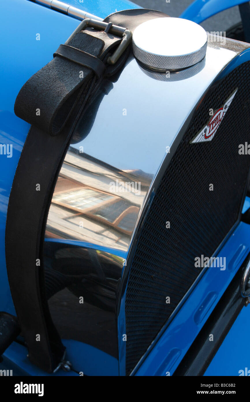 Teal Bugatti radiator and leather bonnet strap Stock Photo