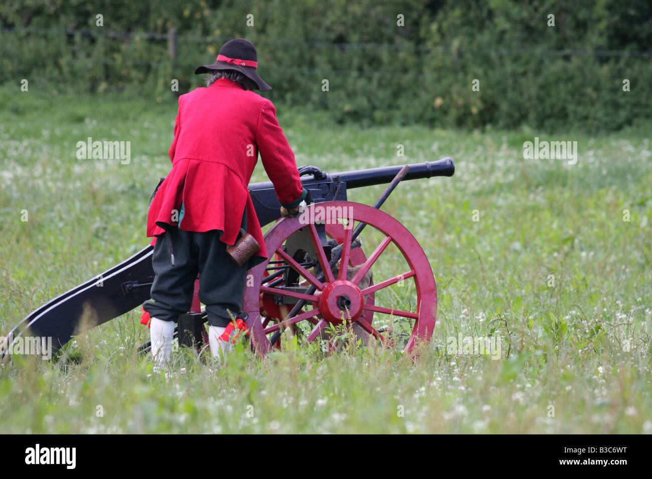 A Cannon being loaded at the re enactment of the battle of Faringdon in the English Civil war. Stock Photo
