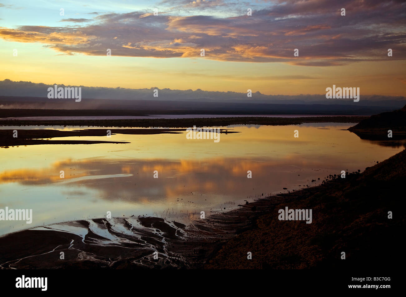 Kenya, Kajiado District, Magadi. Dawn over Lake Magadi, an alkaline lake in Africa's Great Rift Valley. Stock Photo