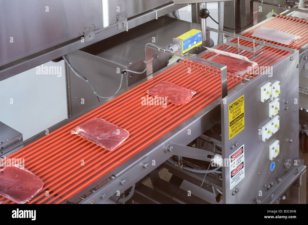 Meat On Assembly Line In Beef Processing Wrapping Plant, USA Stock