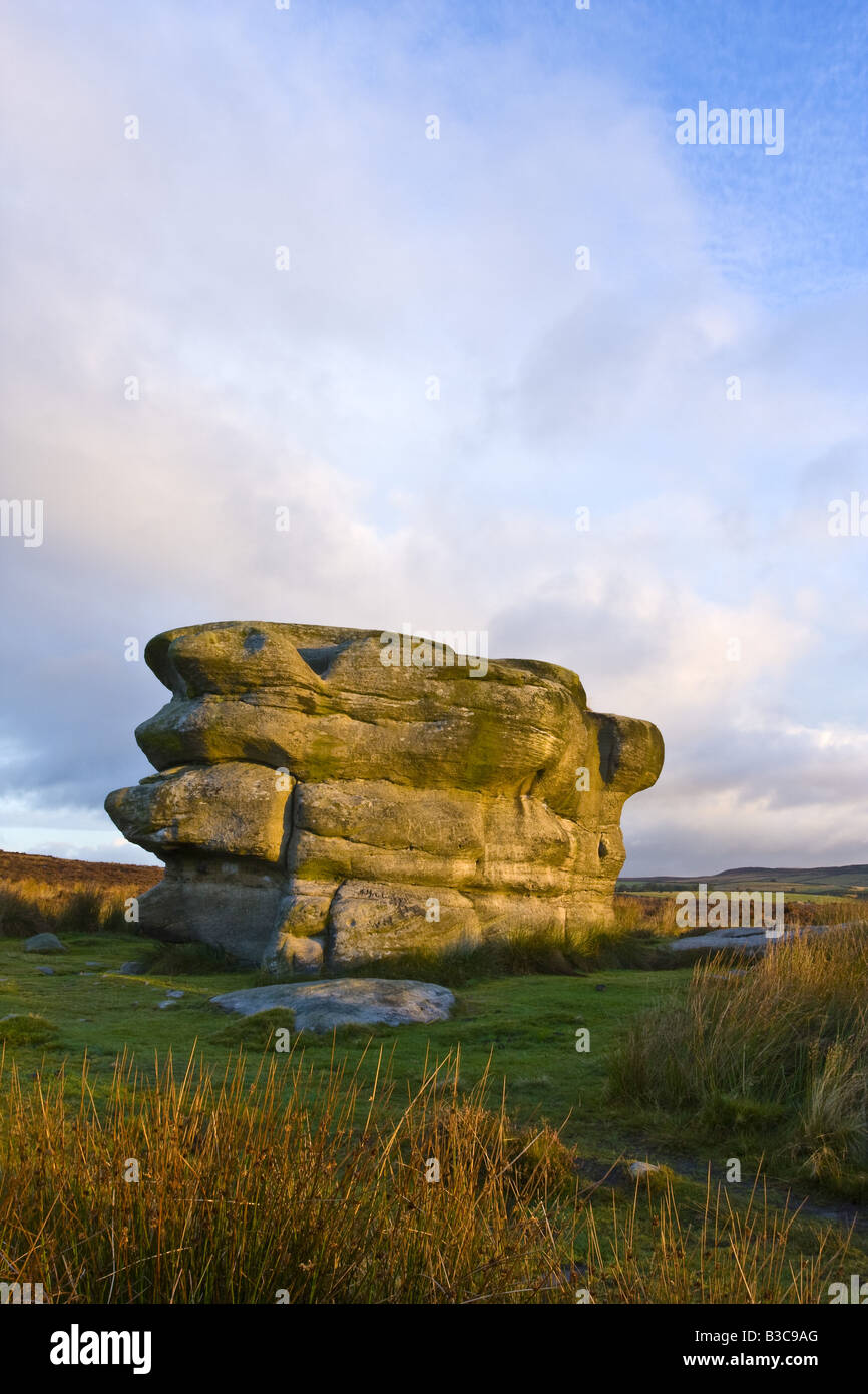 Eagle Stone in the Peak District above Curbar village Stock Photo