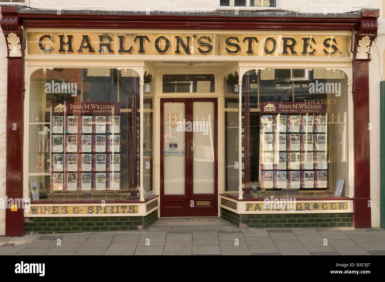 Renovated Old Victorian grocer shop  - Charlton's Stores - converted into an estate agents office Llanrwst Conwy North wales Stock Photo