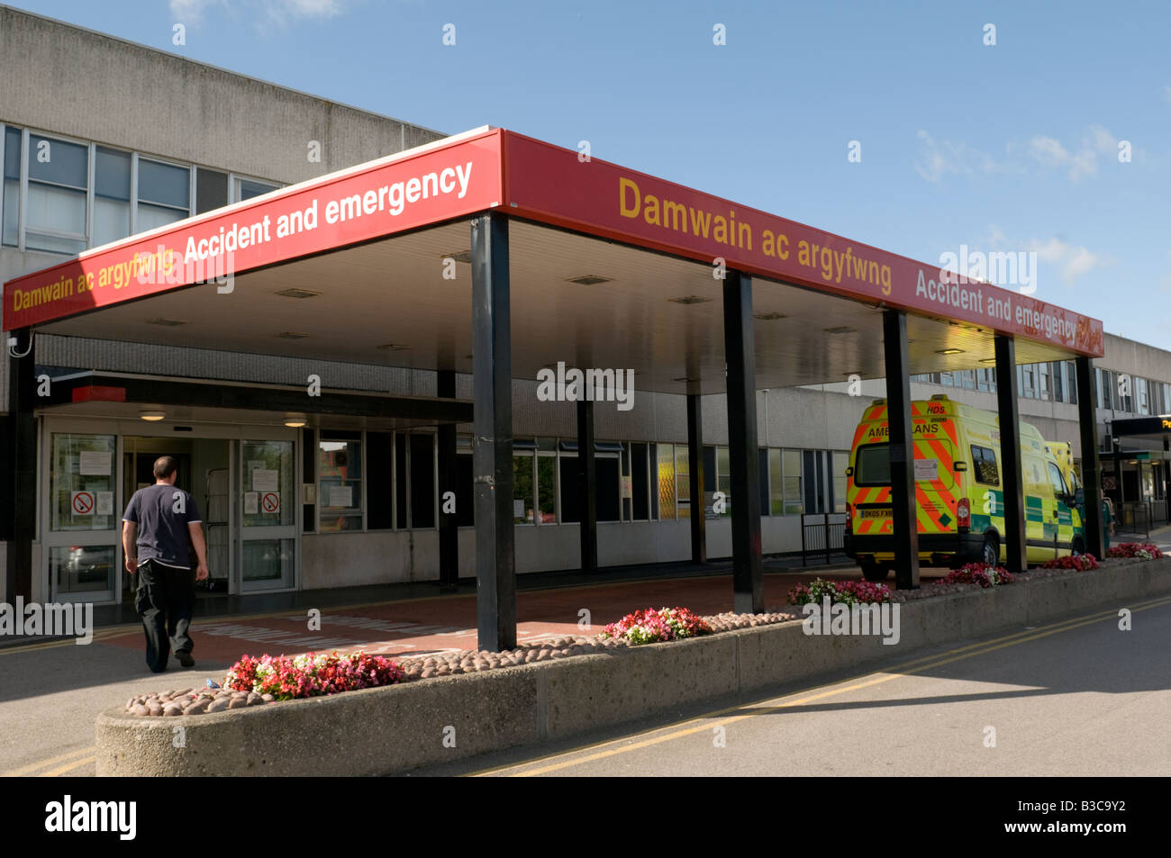 Ambulance parked outside Accident and Emergency department at Ysbyty Glan Clwyd General NHS Hospital Bodelwyddan North Wales UK Stock Photo