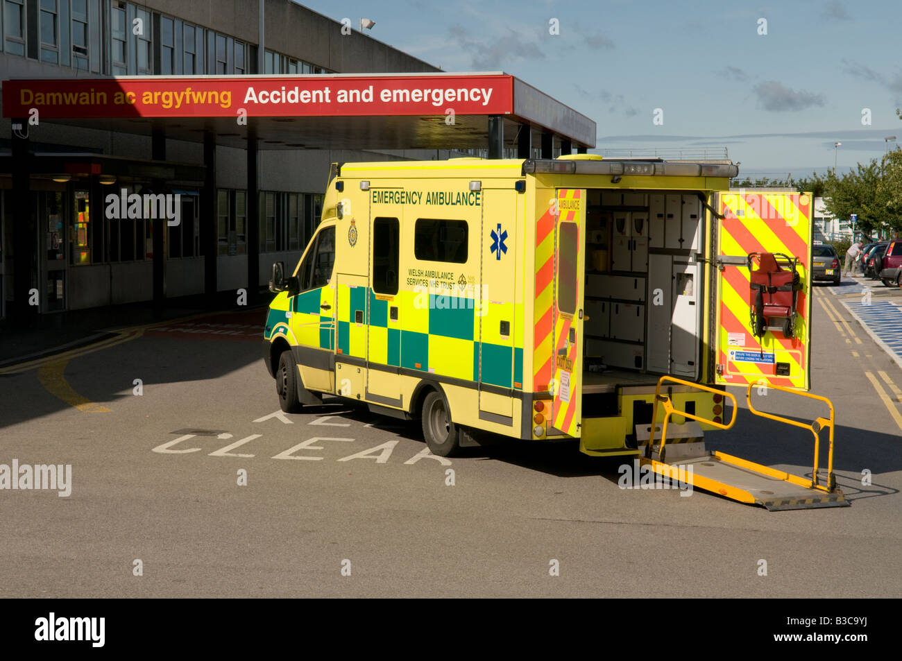 Ambulance parked outside Accident and Emergency department at Ysbyty Glan Clwyd General NHS Hospital Bodelwyddan North Wales Stock Photo