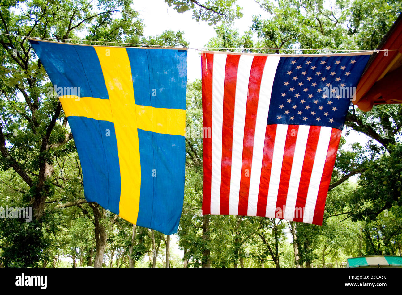 Swedish and American flags hanging side by side. Svenskarnas Dag