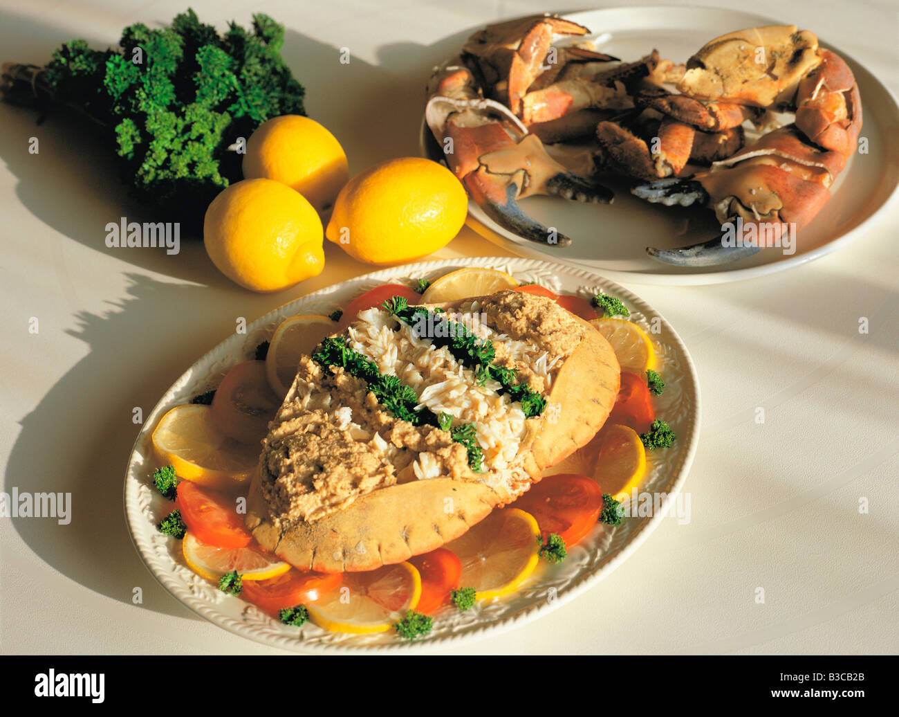 Food still life. Fresh dressed crab dish. Alderney, Channel Islands, British. Stock Photo