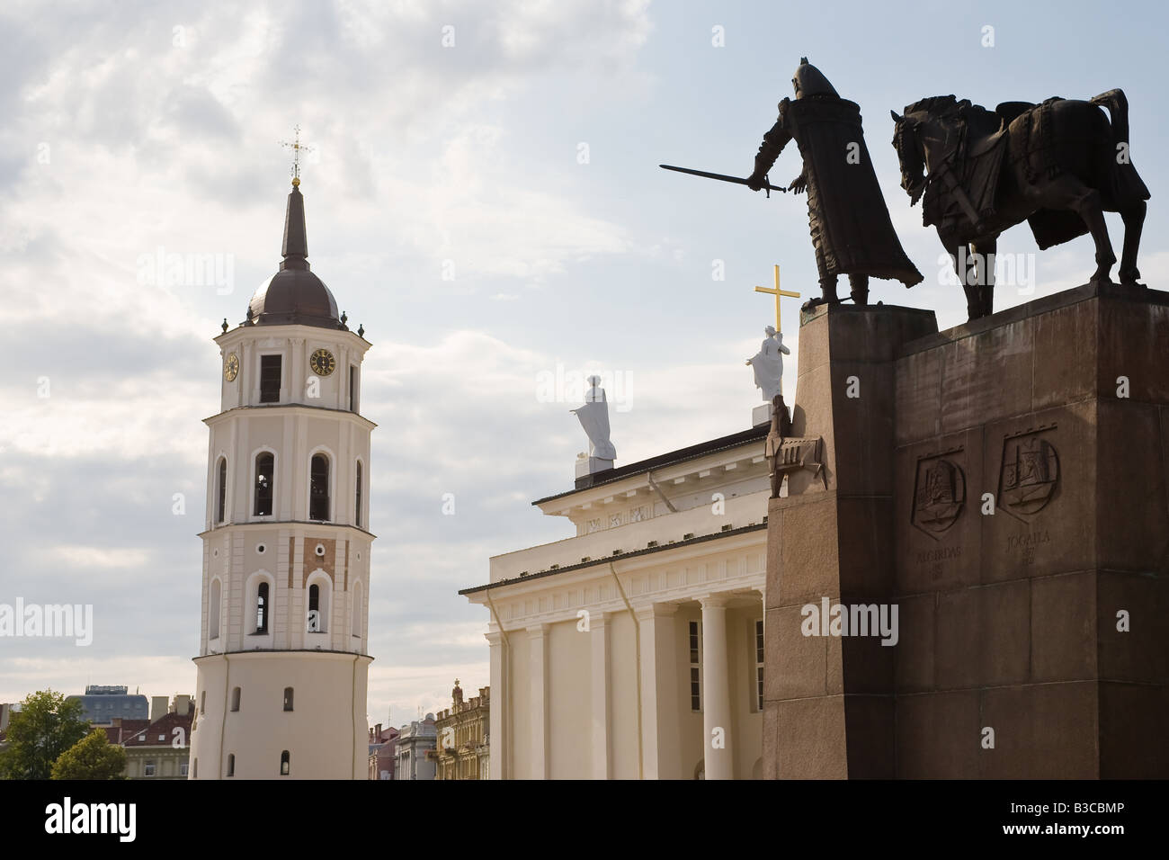 Monument to Grand Duke Gediminas and Cathedral Basilica and Clock Tower in the historic center of Vilnius Lithuania Stock Photo