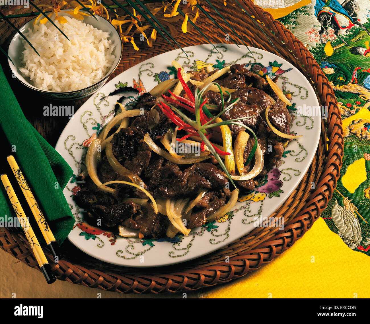 Asian food dish still life. Szechuan beef served with rice Stock Photo