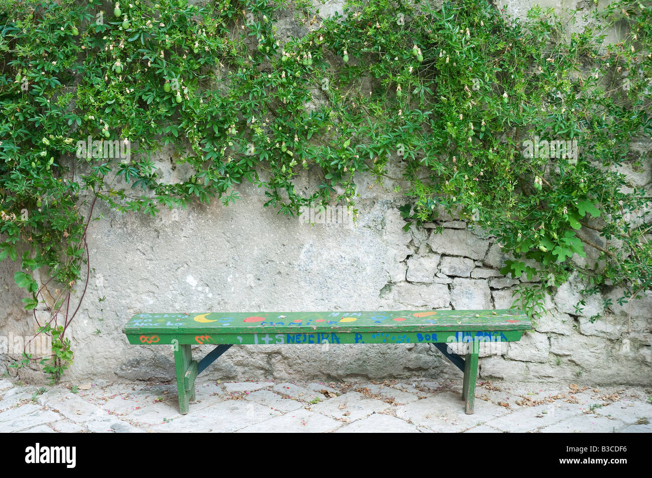 An old bench with the ivy on the wall Stock Photo - Alamy