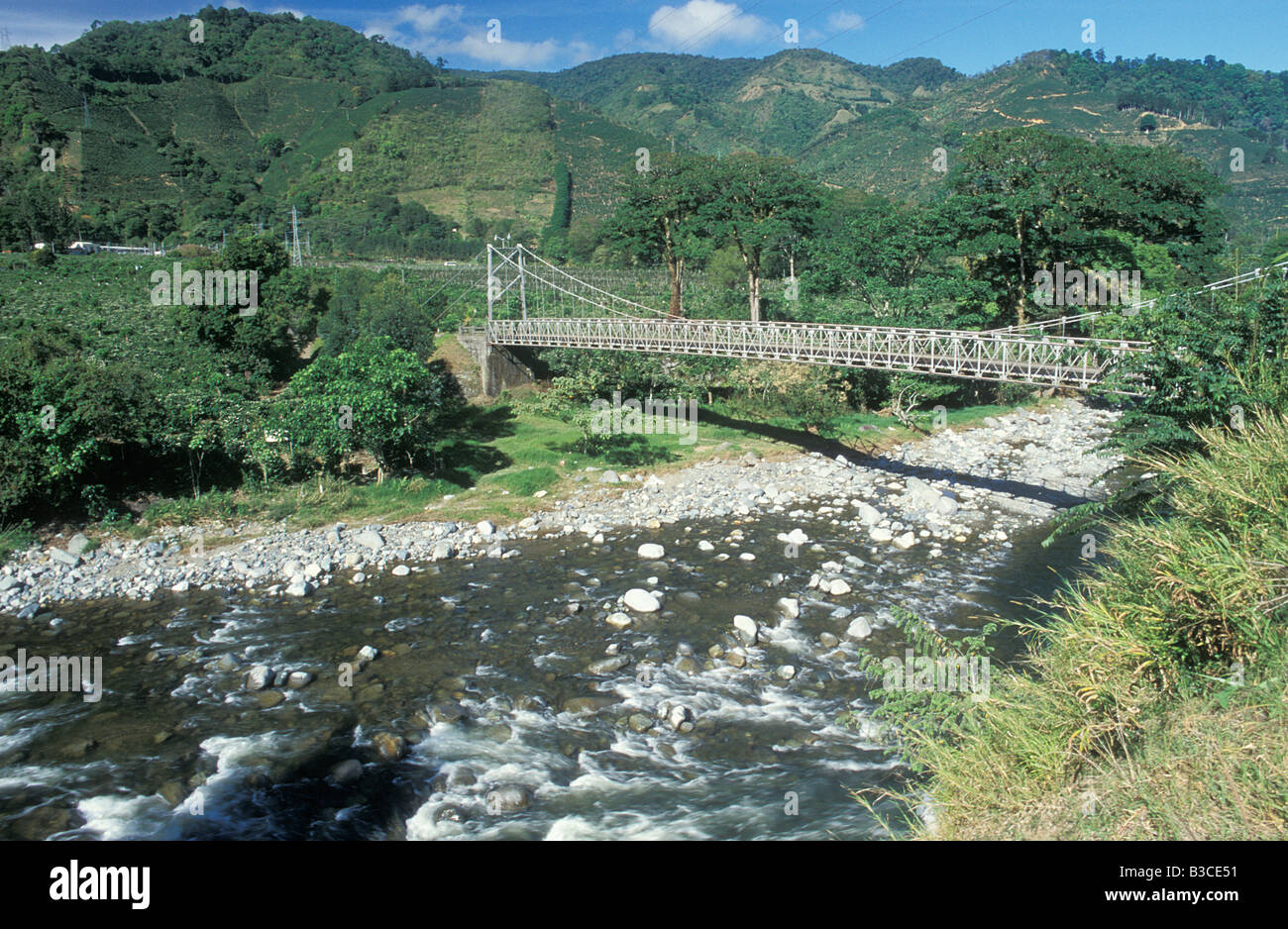 View of Rio Revenrazon Bridge Orosi Valley Central Valley Costa Rica Central America Stock Photo