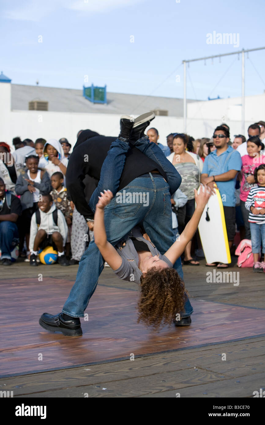 Santa Monica Pier Santa Monica CA May 3rd 2008: B Boy street performers breakdancing for the crowd Stock Photo