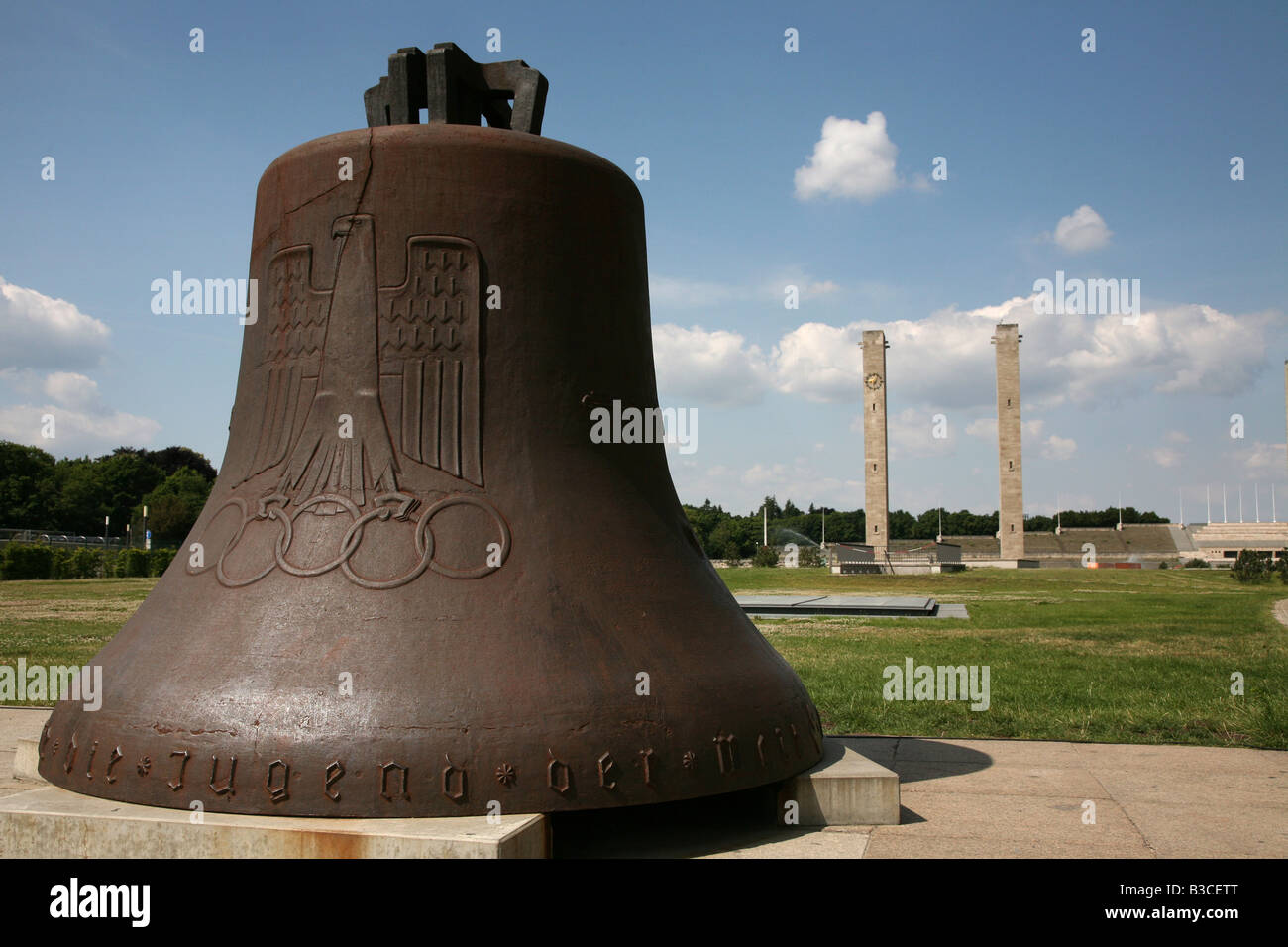 Olympic Bell with Nazi and Olympic symbolic in Olympia Stadium in Berlin, Germany Stock Photo