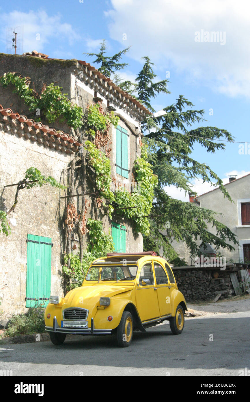 Yellow citroen in small French village, Castres area Stock Photo