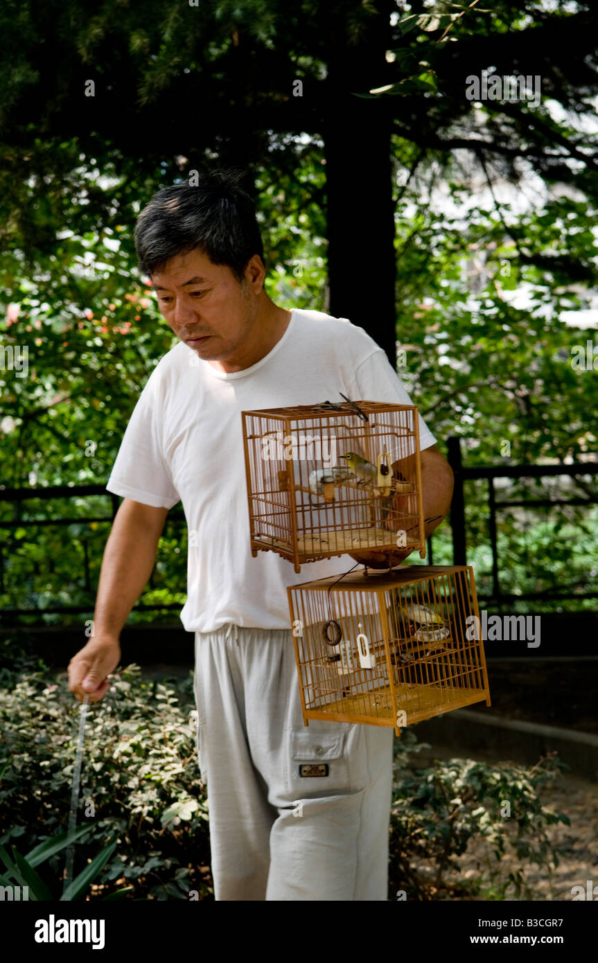 Early morning scene in China. Men go out to the parks with their birds. Stock Photo