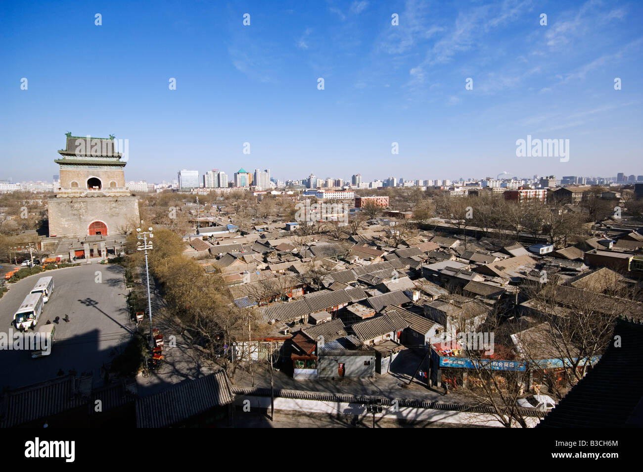 China, Beijing. Bell Tower and hutong neighbourhood rooftops Stock ...