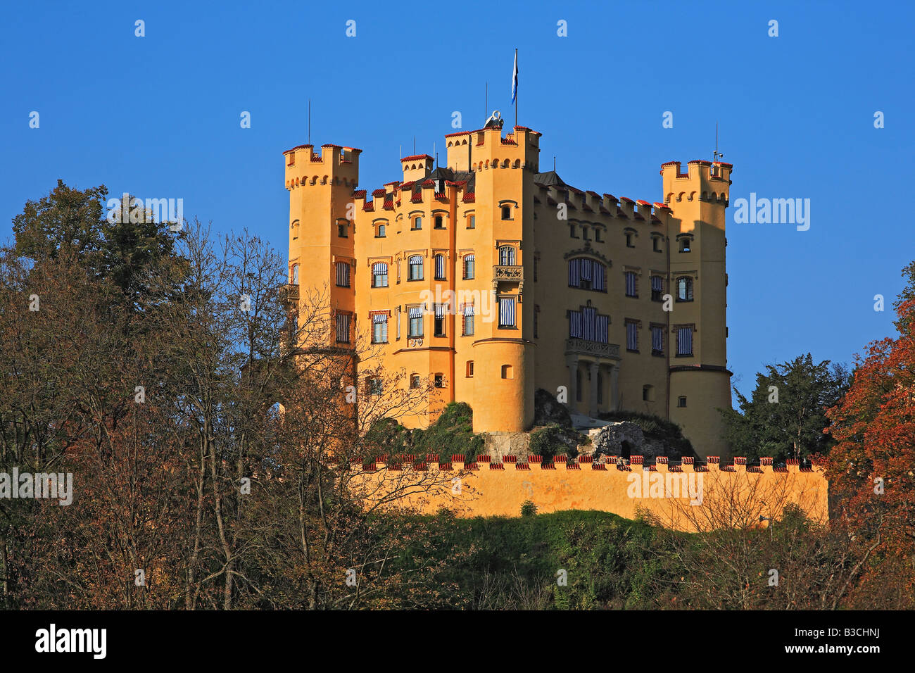 Hohenschwangau Castle lit Castle of the High Swan County was the childhood residence of King Ludwig II of Bavaria and was built Stock Photo