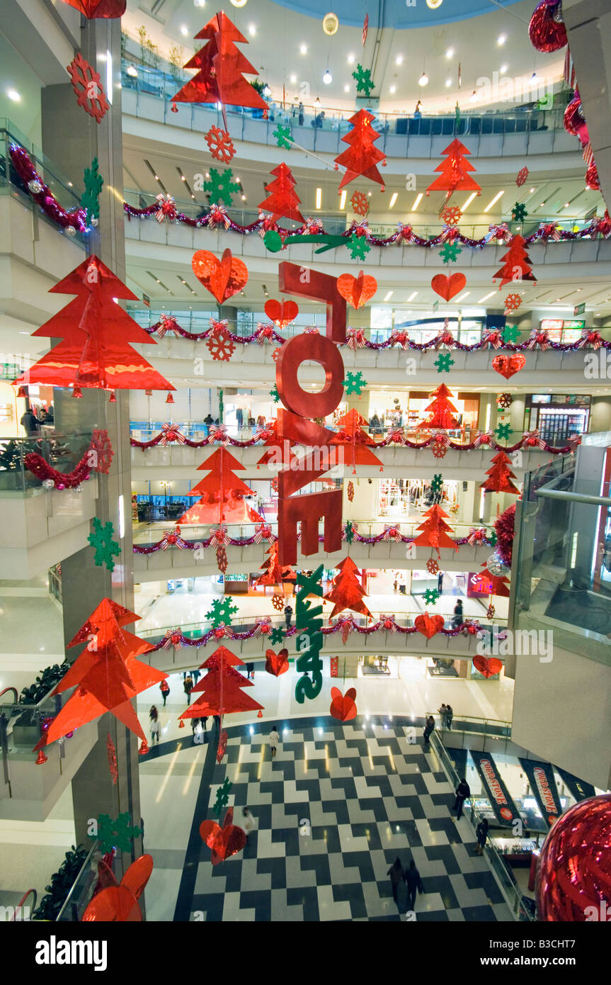 China, Shanghai. Christmas decorations in a modern department ...