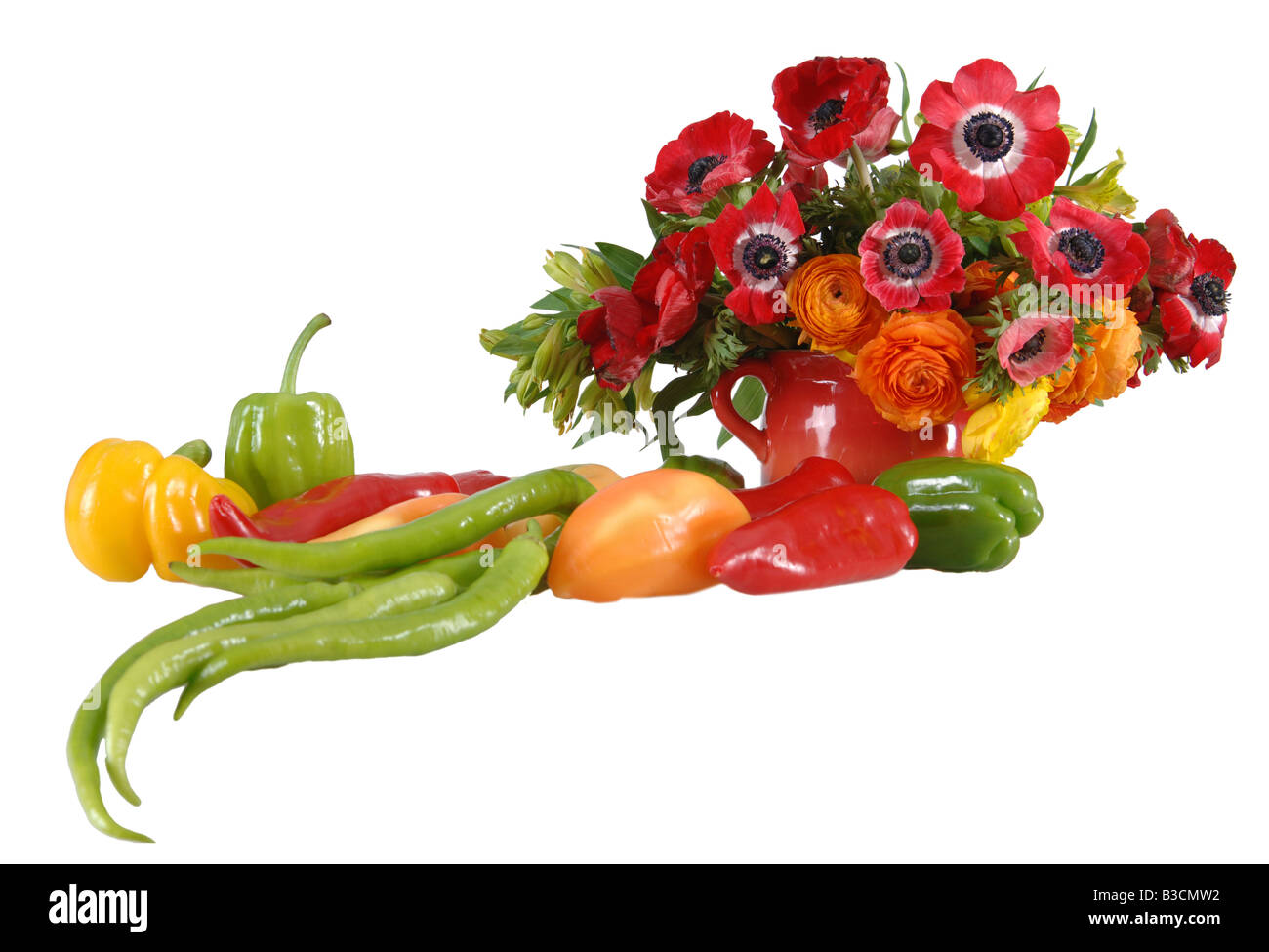 Bunch of flowers and different pepper Stock Photo