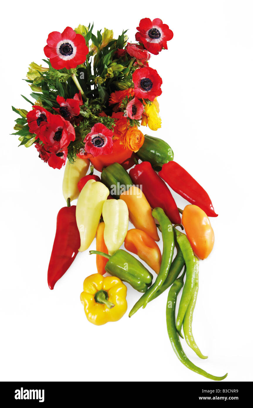 Bunch of flowers and different pepper, elevated view Stock Photo