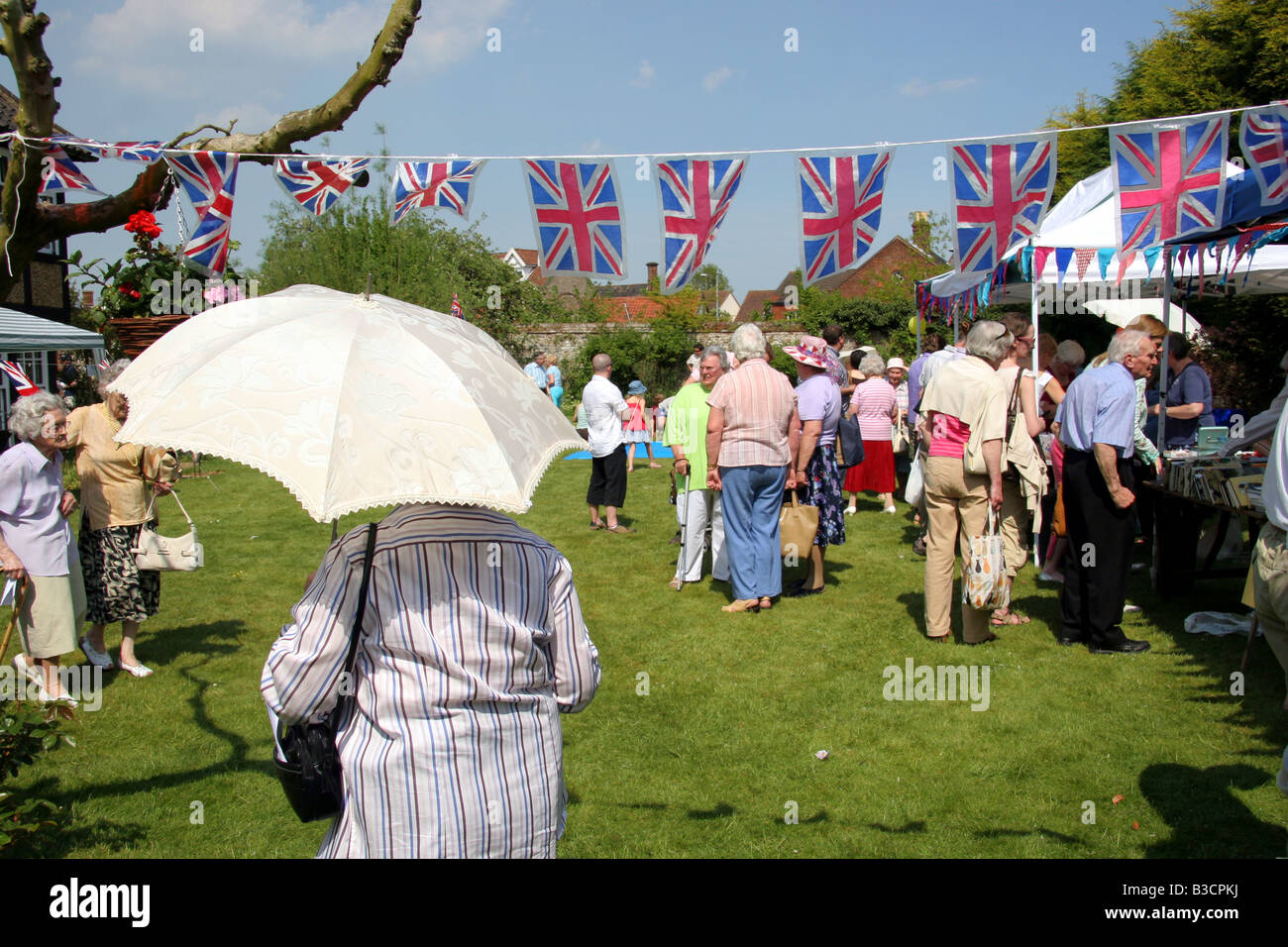 Union Jack bunting at an English village summer fete Stock Photo