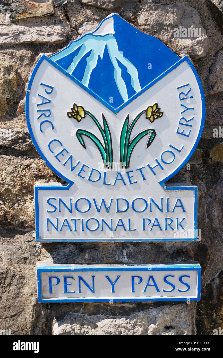 Snowdonia National park sign at Pen Y Pass the gateway to Mount Snowdon via the Pyg and Miners Tracks Stock Photo