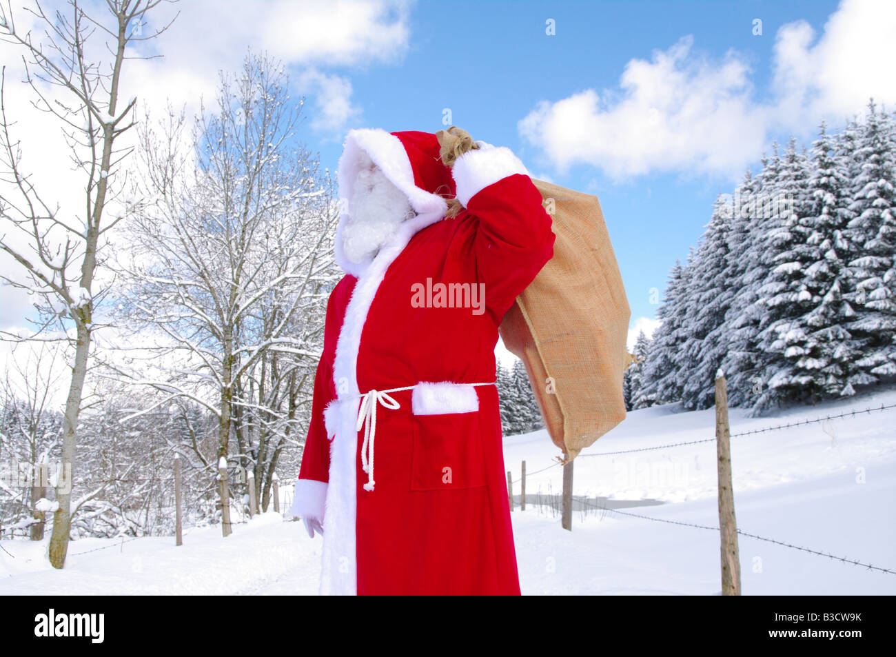 Santa Claus Father Christmas in a beautiful winter landscape Stock Photo