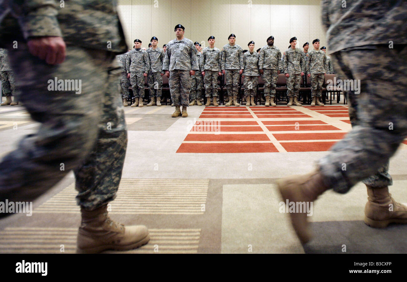 Army National Guard soldiers stand at attention during a deployment ceremony in Boston Massachusetts Stock Photo