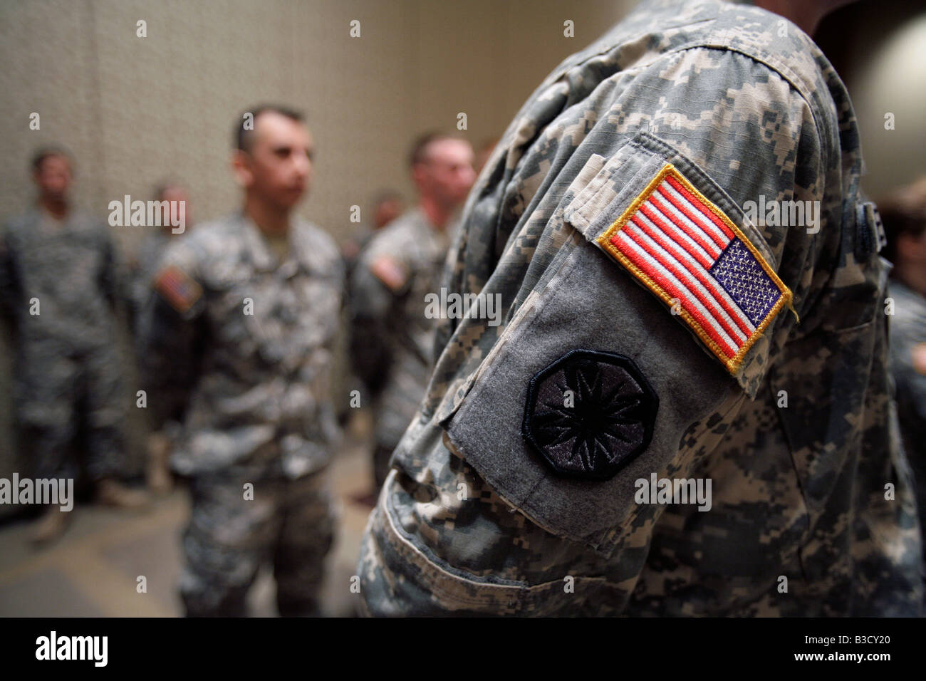 Army National Guard soldiers stand during a deployment ceremony in Boston Massachusetts Stock Photo