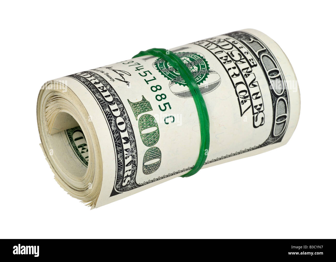 Dollar roll tightened with green rubber band. Rolled money isolated on