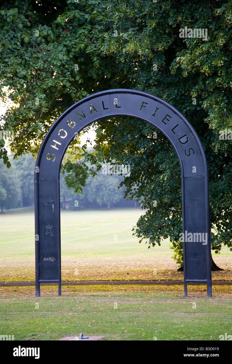 Shobnall Fields sign as seen from the opposite back of the Trent and Mersey canal in Burton upon Trent Stock Photo