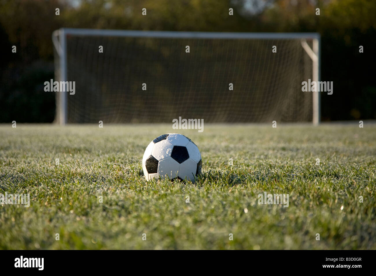 Soccer Ball On Field With Goal In Background Stock Photo Alamy