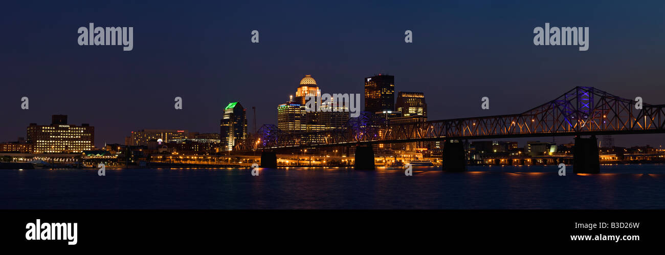 Panorama of the Louisville Kentucky Skyline and the Ohio River at Twilight Shot from Jeffersonville Indiana Stock Photo