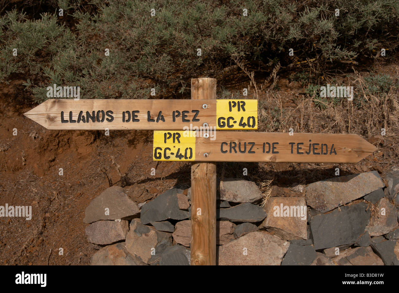 Wooden footpath sign in the interior of Gran Canaria in The Canary Islands Stock Photo
