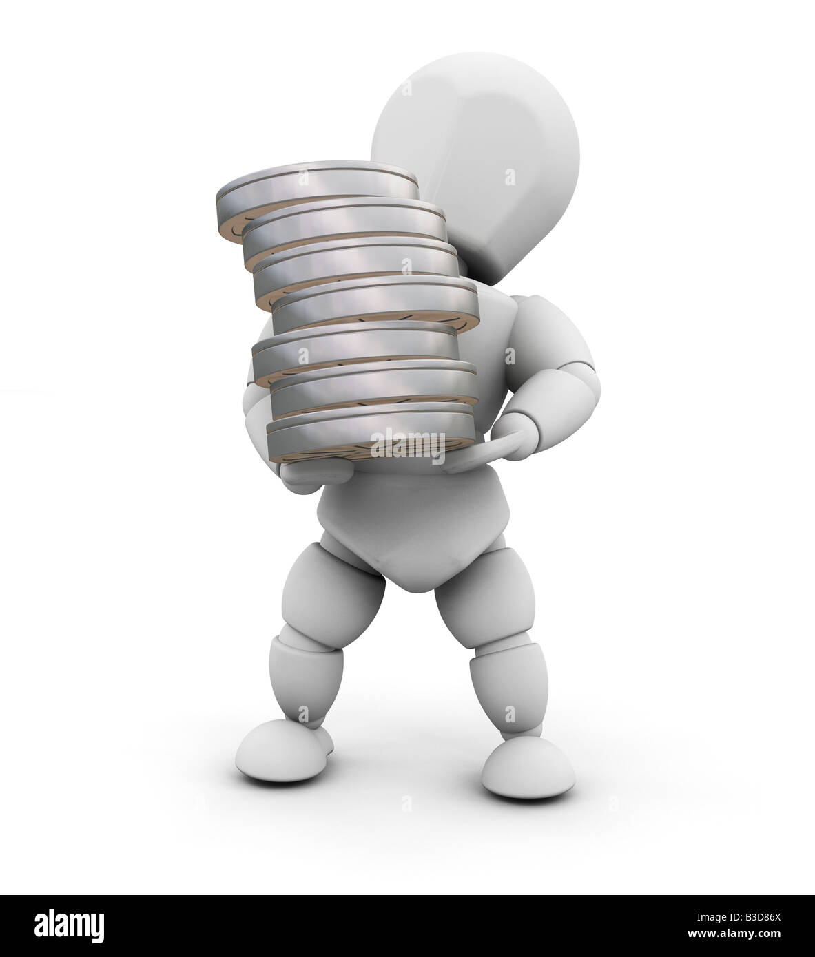 3D render of someone holding a stack of film reels Stock Photo