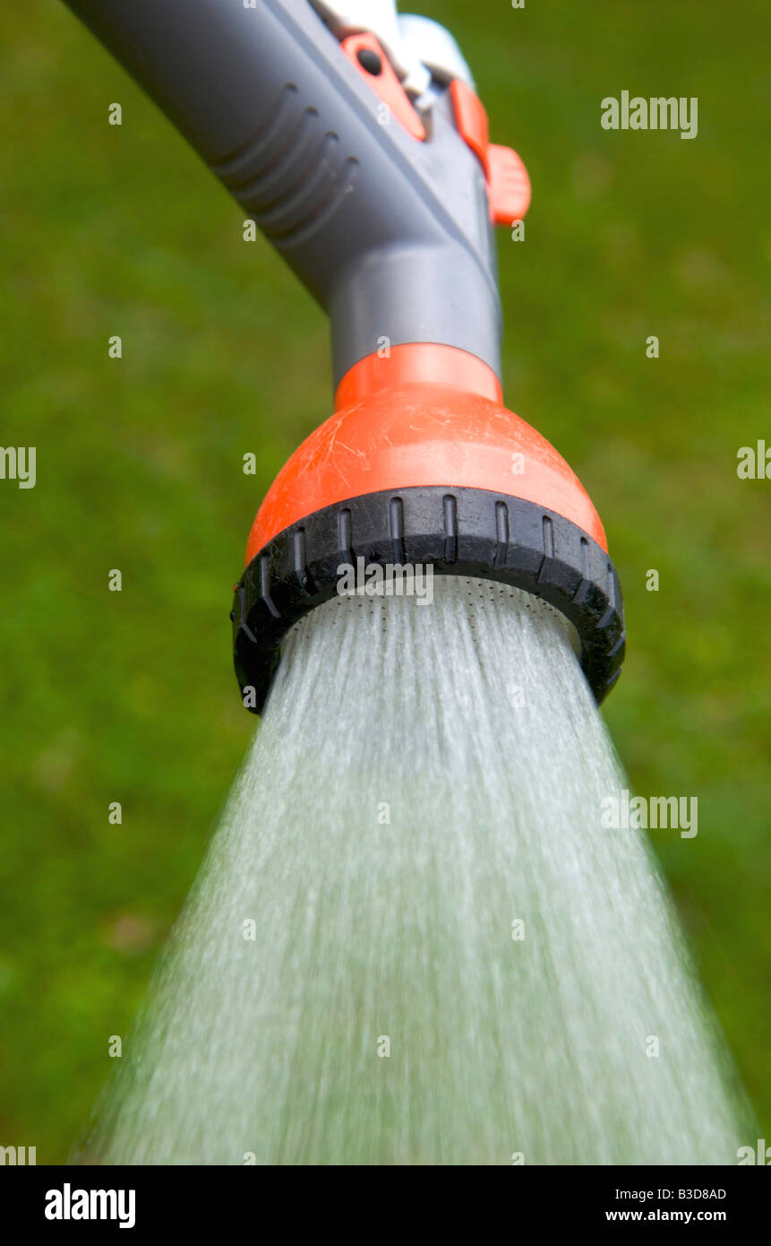 Hosepipe with water spray in the garden Stock Photo